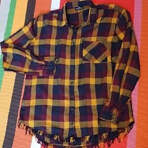 Angie Great Condition Plaid Button-Up Shirt Oversized Small. Fringed Bottom.